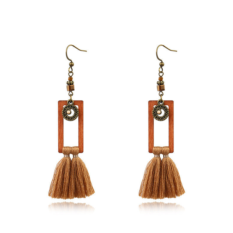 Wholesale Bohemian Square Tassel Long Wooden Earrings